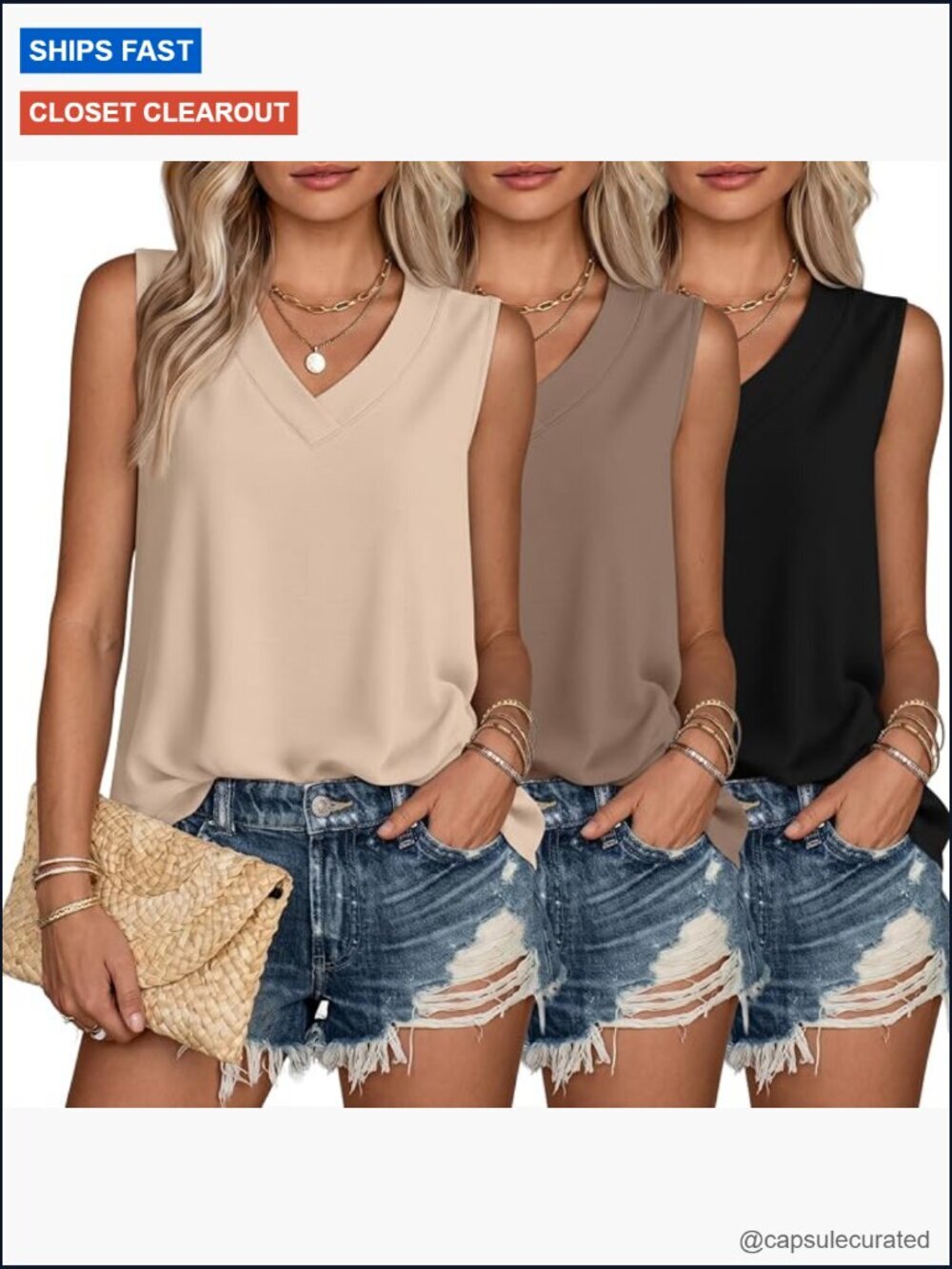 3 Pack V Neck Tank Tops Sleeveless Loose Fit T-Shirts Summer Tees Vacation